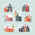 A set of cute snow covered winter houses. Vector illustration.